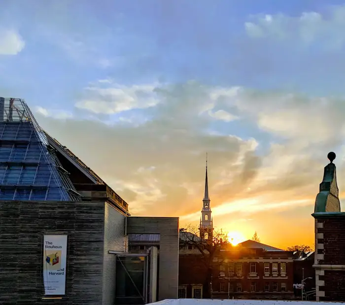 Sunset behind the church steeple at the Harvard campus in Cambridge, MA.